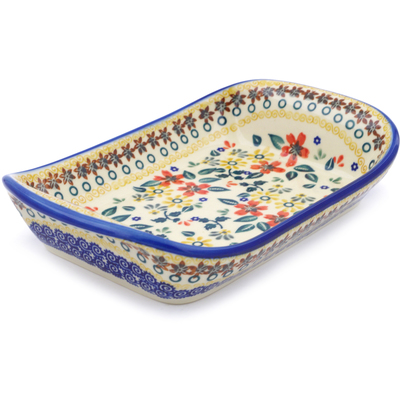 Polish Pottery Platter with Handles 9&quot; Red Anemone Meadow UNIKAT