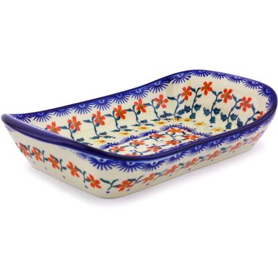 Polish Pottery Platter with Handles 9&quot; Red Sunflower
