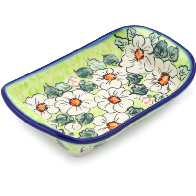 Polish Pottery Platter with Handles 9&quot; White Flower Bouquet UNIKAT
