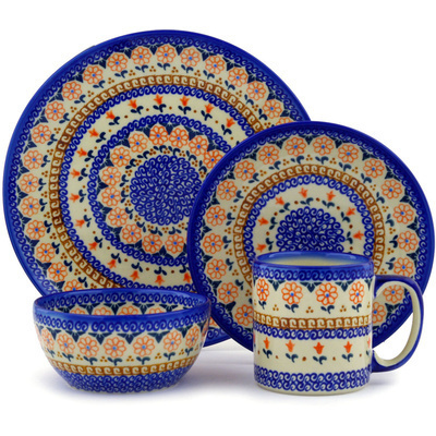 Polish Pottery Polish Pottery Place Setting 4-Piece: 10&frac12;&quot; dinner plate, 7&frac12;&quot; dessert or side plate, 5&frac14;&quot; bowl and a 12 oz mug Amarillo
