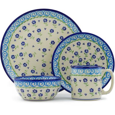 Polish Pottery Polish Pottery Place Setting 4-Piece: 10&frac12;&quot; dinner plate, 7&frac12;&quot; dessert or side plate, 5&frac14;&quot; bowl and a 12 oz mug Blue Bursts