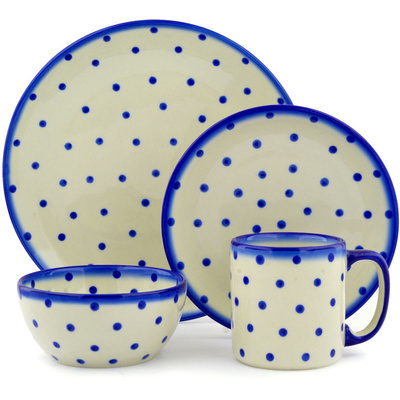 Polish Pottery Polish Pottery Place Setting 4-Piece: 10&frac12;&quot; dinner plate, 7&frac12;&quot; dessert or side plate, 5&frac14;&quot; bowl and a 12 oz mug Blue Polka Dot