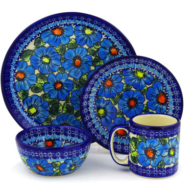 Polish Pottery Polish Pottery Place Setting 4-Piece: 10&frac12;&quot; dinner plate, 7&frac12;&quot; dessert or side plate, 5&frac14;&quot; bowl and a 12 oz mug Bold Blue Poppies UNIKAT