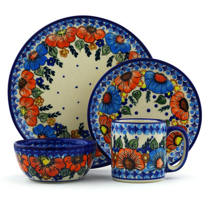 Polish Pottery Polish Pottery Place Setting 4-Piece: 10&frac12;&quot; dinner plate, 7&frac12;&quot; dessert or side plate, 5&frac14;&quot; bowl and a 12 oz mug Bold Poppies