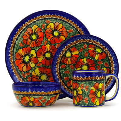 Polish Pottery Polish Pottery Place Setting 4-Piece: 10&frac12;&quot; dinner plate, 7&frac12;&quot; dessert or side plate, 5&frac14;&quot; bowl and a 12 oz mug Bold Poppies UNIKAT