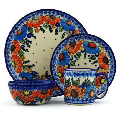 Polish Pottery Polish Pottery Place Setting 4-Piece: 10&frac12;&quot; dinner plate, 7&frac12;&quot; dessert or side plate, 5&frac14;&quot; bowl and a 12 oz mug Bold Poppies UNIKAT