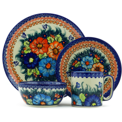Polish Pottery Polish Pottery Place Setting 4-Piece: 10&frac12;&quot; dinner plate, 7&frac12;&quot; dessert or side plate, 5&frac14;&quot; bowl and a 12 oz mug Butterfly Splendor