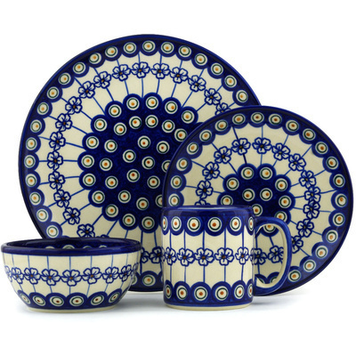 Polish Pottery Polish Pottery Place Setting 4-Piece: 10&frac12;&quot; dinner plate, 7&frac12;&quot; dessert or side plate, 5&frac14;&quot; bowl and a 12 oz mug Flowering Peacock