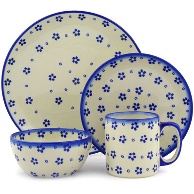 Polish Pottery Polish Pottery Place Setting 4-Piece: 10&frac12;&quot; dinner plate, 7&frac12;&quot; dessert or side plate, 5&frac14;&quot; bowl and a 12 oz mug Forget Me Not Swirls