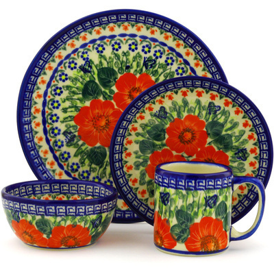 Polish Pottery Polish Pottery Place Setting 4-Piece: 10&frac12;&quot; dinner plate, 7&frac12;&quot; dessert or side plate, 5&frac14;&quot; bowl and a 12 oz mug Happiness UNIKAT