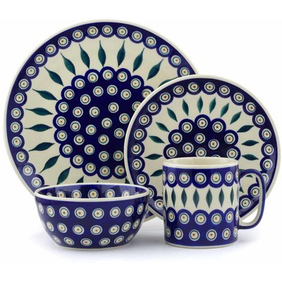Polish Pottery Polish Pottery Place Setting 4-Piece: 10&frac12;&quot; dinner plate, 7&frac12;&quot; dessert or side plate, 5&frac14;&quot; bowl and a 12 oz mug Peacock