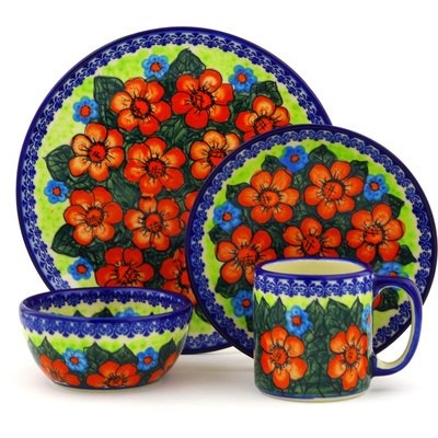 Polish Pottery Polish Pottery Place Setting 4-Piece: 10&frac12;&quot; dinner plate, 7&frac12;&quot; dessert or side plate, 5&frac14;&quot; bowl and a 12 oz mug Poppies UNIKAT