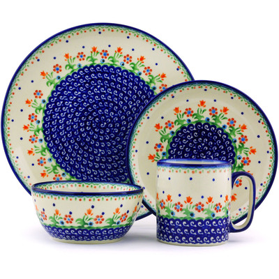 Polish Pottery Polish Pottery Place Setting 4-Piece: 10&frac12;&quot; dinner plate, 7&frac12;&quot; dessert or side plate, 5&frac14;&quot; bowl and a 12 oz mug Spring Flowers