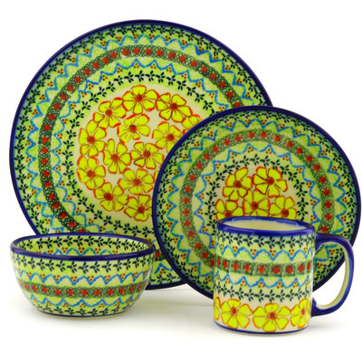 Polish Pottery Polish Pottery Place Setting 4-Piece: 10&frac12;&quot; dinner plate, 7&frac12;&quot; dessert or side plate, 5&frac14;&quot; bowl and a 12 oz mug Yellow Sunshine