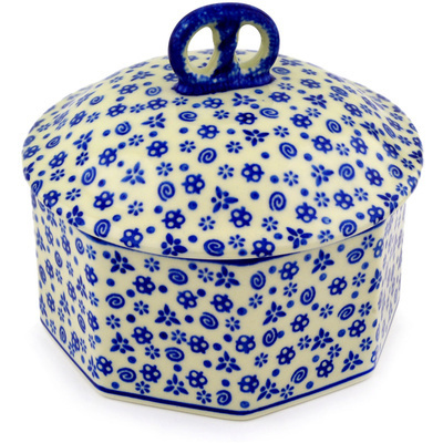 Polish Pottery Pretzel Jar 6&quot; Blue Confetti