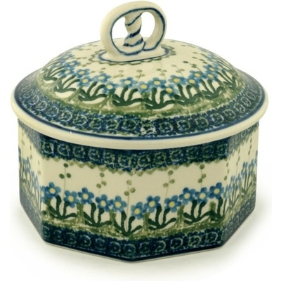 Polish Pottery Pretzel Jar 6&quot; Blue Daisy Circle