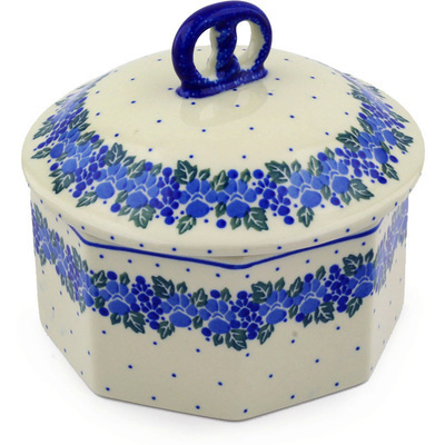 Polish Pottery Pretzel Jar 6&quot; Blue Speckle Garland