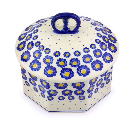 Polish Pottery Pretzel Jar 6&quot; Blue Zinnia