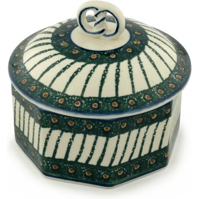 Polish Pottery Pretzel Jar 6&quot; Emerald Peacock