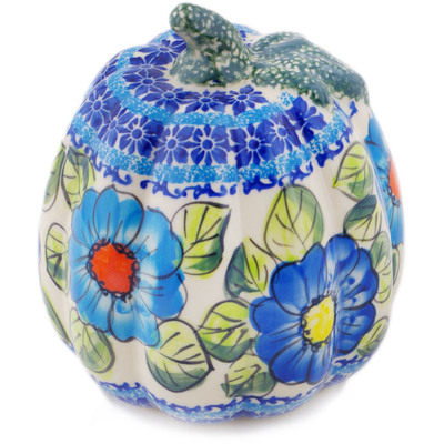 Polish Pottery Pumpkin Figurine 6&quot; Bold Blue Poppies UNIKAT