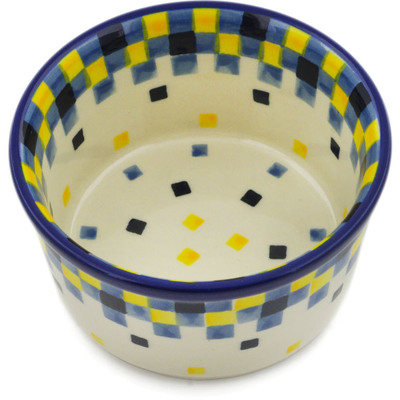 Polish Pottery Ramekin Bowl Small Blue And Yellow Blocks