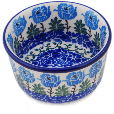 Polish Pottery Ramekin Bowl Small Blue Rosette Wreath