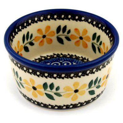 Polish Pottery Ramekin Bowl Small Golden Daisy Swirl