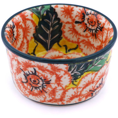 Polish Pottery Ramekin Bowl Small Orange Peonies UNIKAT