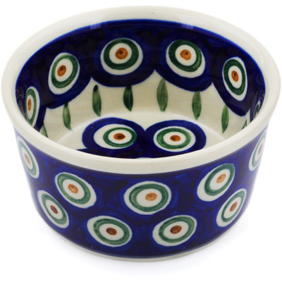 Polish Pottery Ramekin Bowl Small Peacock Leaves