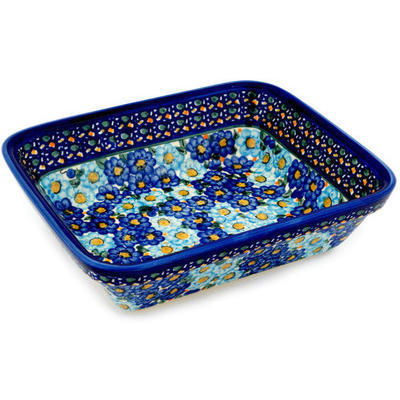 Polish Pottery Rectangular Baker 10" Baby Blue Bouquet UNIKAT
