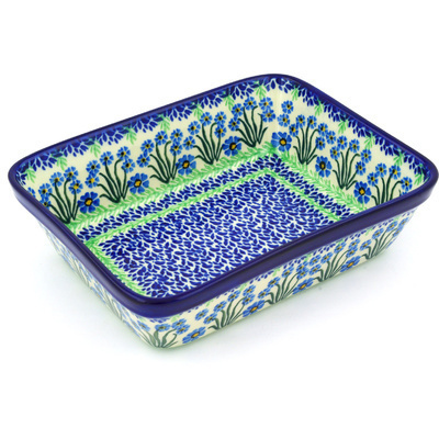 Polish Pottery Rectangular Baker 10" Blue April Showers