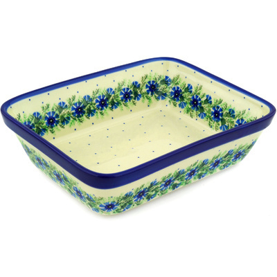 Polish Pottery Rectangular Baker 10" Blue Bell Wreath