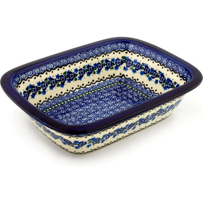 Polish Pottery Rectangular Baker 10&quot; Blue Bud Sea