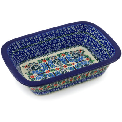 Polish Pottery Rectangular Baker 10&quot; Blue Butterfly Brigade UNIKAT