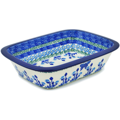 Polish Pottery Rectangular Baker 10" Blue Butterfly