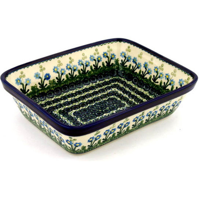 Polish Pottery Rectangular Baker 10" Blue Daisy Circle