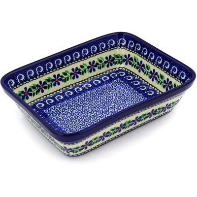Polish Pottery Rectangular Baker 10" Blue Daisy Swirls