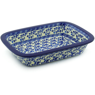 Polish Pottery Rectangular Baker 10&quot; Blue Floral Lace