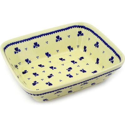 Polish Pottery Rectangular Baker 10" Blue Heart Trio