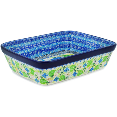 Polish Pottery Rectangular Baker 10&quot; Blue Hydrangea UNIKAT