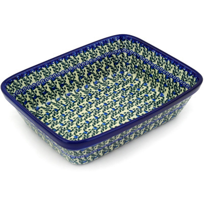 Polish Pottery Rectangular Baker 10" Blue Ivy