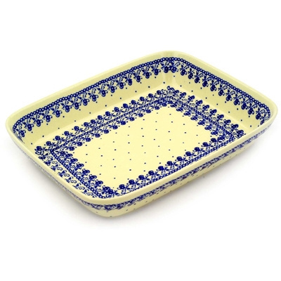 Polish Pottery Rectangular Baker 10" Blue Lace Vines