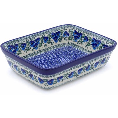 Polish Pottery Rectangular Baker 10&quot; Blue Pansy