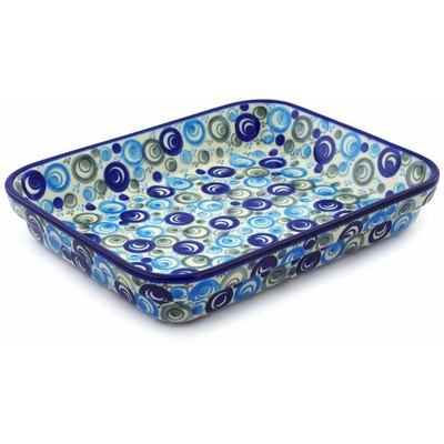 Polish Pottery Rectangular Baker 10" Blue Peacock Eye