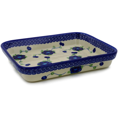 Polish Pottery Rectangular Baker 10" Blue Poppies