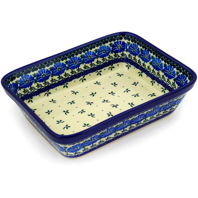 Polish Pottery Rectangular Baker 10" Blue Poppy Chain