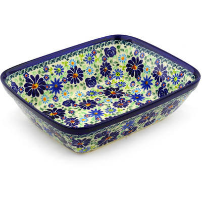 Polish Pottery Rectangular Baker 10" Blue Summer Garden