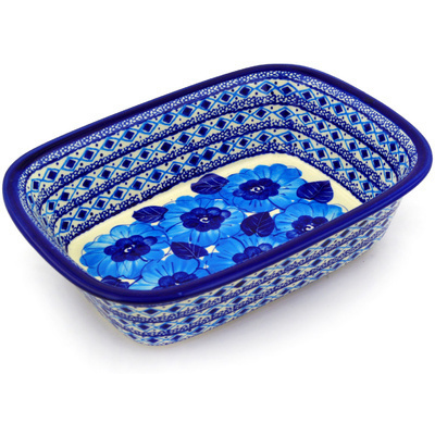 Polish Pottery Rectangular Baker 10&quot; Bright Blue Poppies UNIKAT