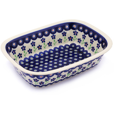 Polish Pottery Rectangular Baker 10&quot; Bright Peacock Daisy