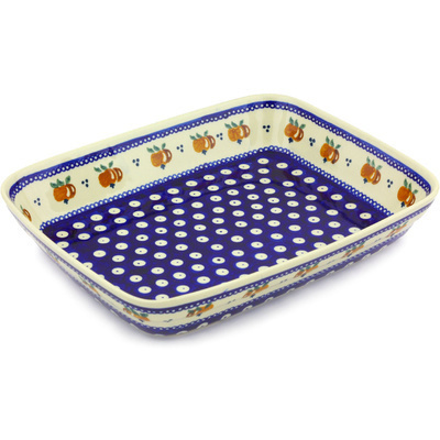 Polish Pottery Rectangular Baker 10&quot; Country Apple Peacock